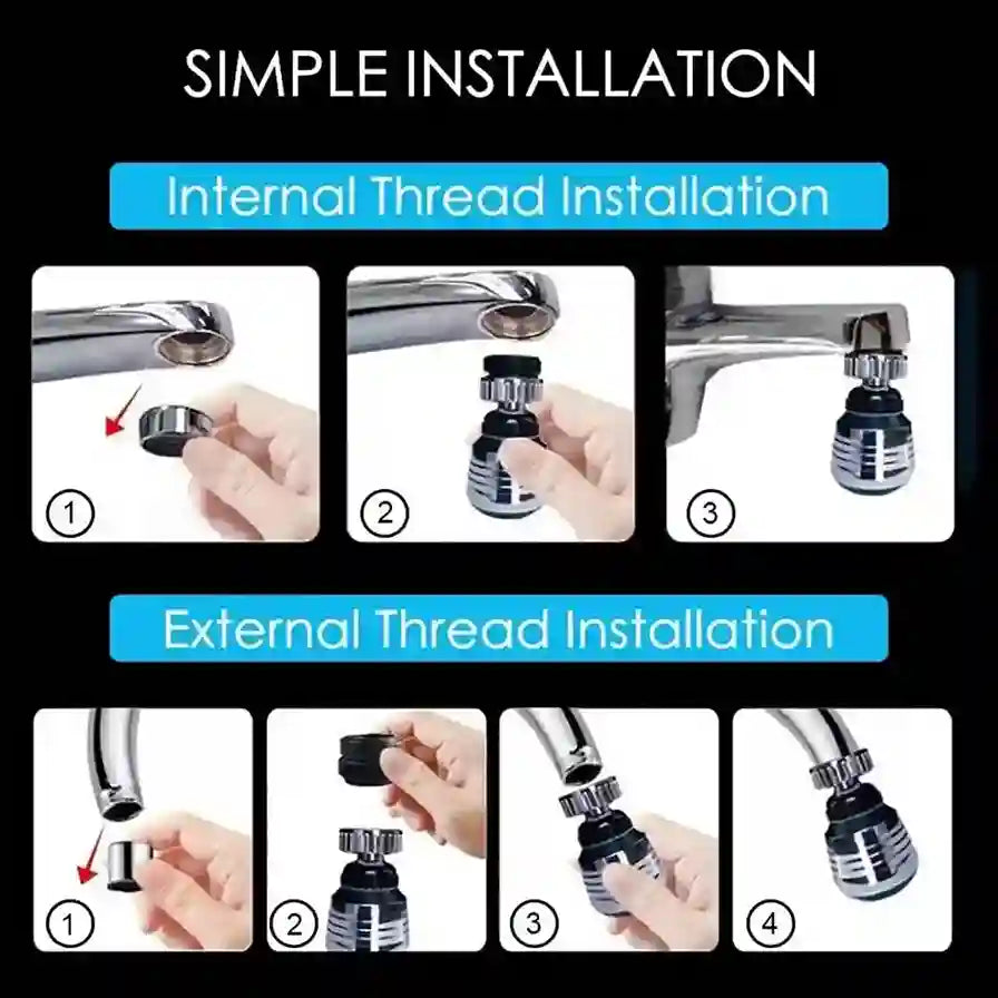Step-by-step installation guide for a faucet adapter with internal and external thread installations.