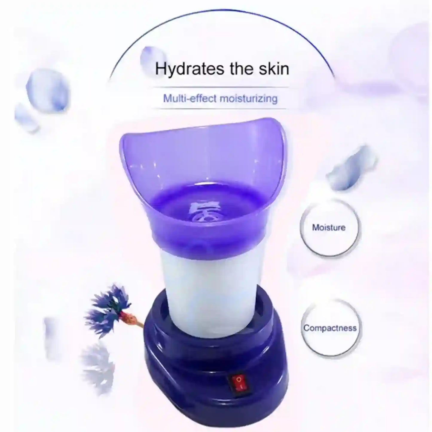 Purple facial steamer with text indicating skin hydration and moisturizing effects on a white background.