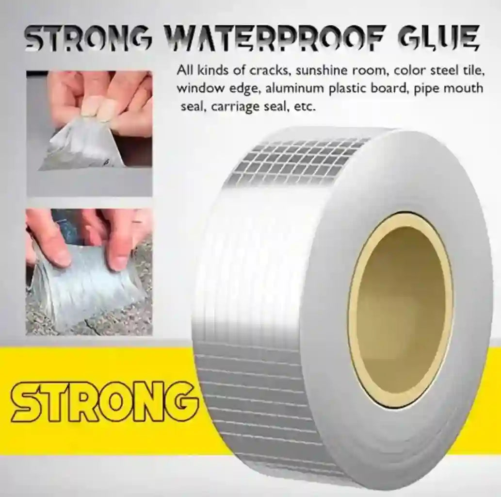 Roll of strong waterproof glue with application examples and text on a yellow background