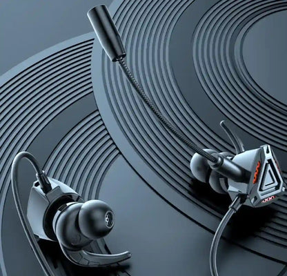 Pair of earbuds on a dark background with concentric circle design