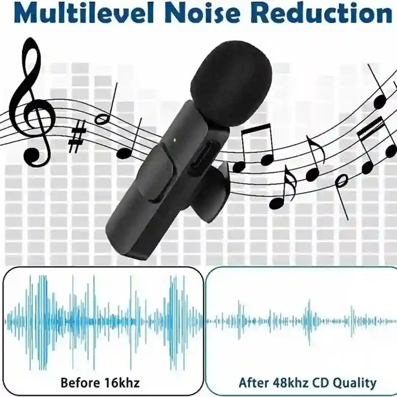 Black microphone with music notes and sound wave graphics on a white background, highlighting multilevel noise reduction technology.