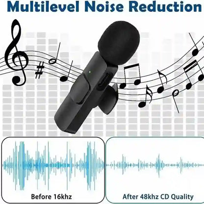 Black microphone with music notes and sound wave graphics on a white background, highlighting multilevel noise reduction technology.