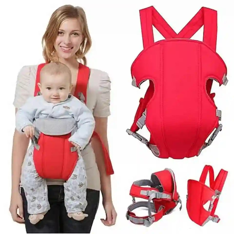 Red baby carrier worn by a woman with a baby, shown from multiple angles on a white background.