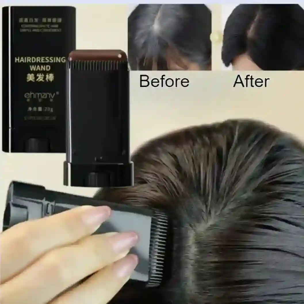 Hairdressing wand being used on hair with 'Before' and 'After' comparisons.