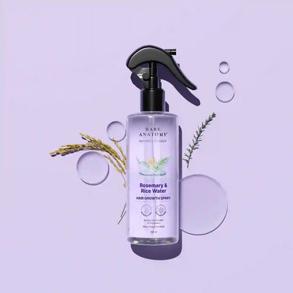 Hair growth spray bottle with rosemary and rice water on a light purple background