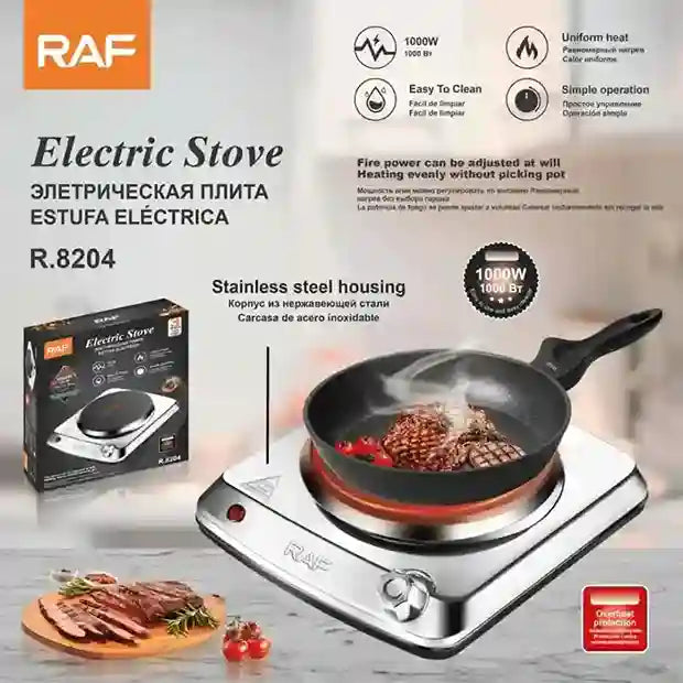 RAF electric stove with a frying pan on a gray background