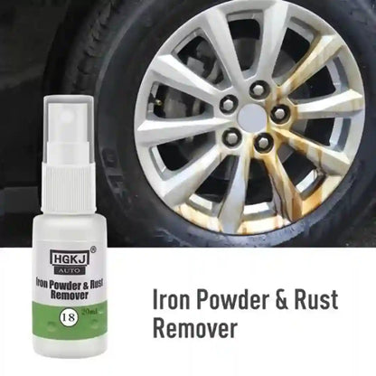 Bottle of HGKJ Iron Powder & Rust Remover with a car wheel in the background