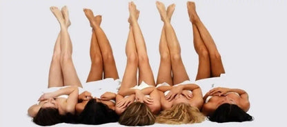 Five women lying on their backs with their legs raised in the air, wearing white thong-style underwear, against a plain light gray background.
