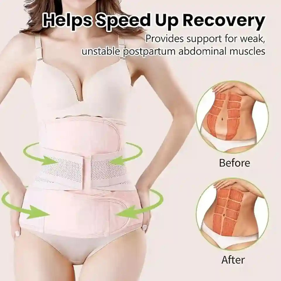 Woman wearing a产后腹部支撑带 with text indicating it helps speed up recovery and provides support for weak, unstable postpartum abdominal muscles.