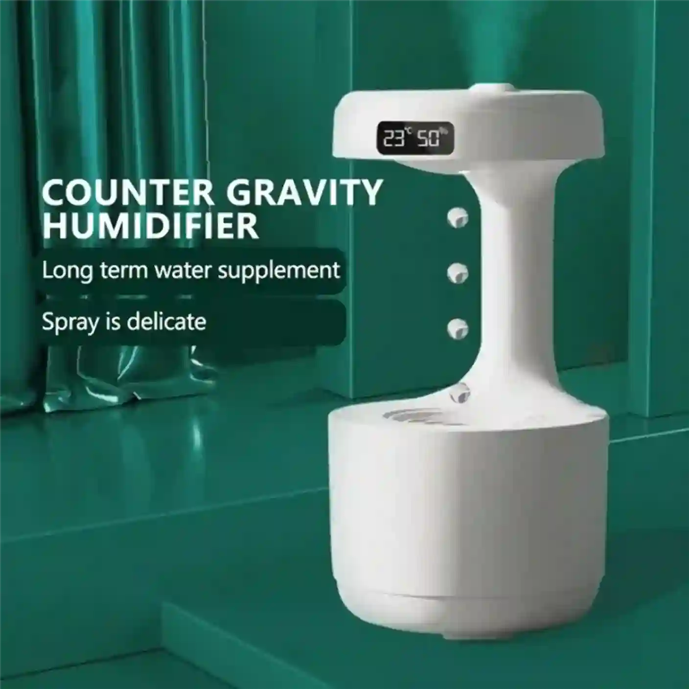 White counter gravity humidifier with digital display on a green background