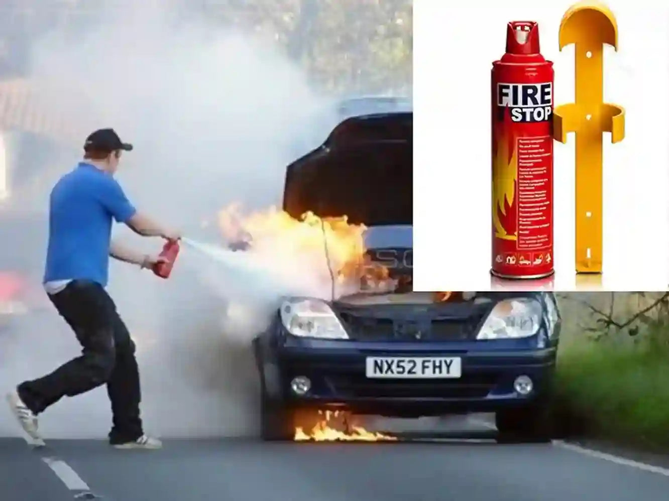 Person extinguishing flames from a car with a fire extinguisher, alongside a fire stop spray can.