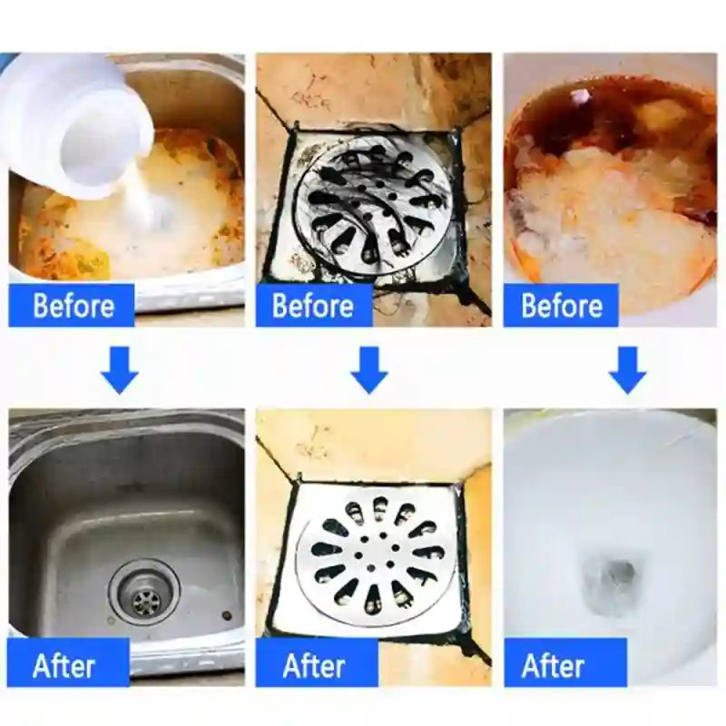 Before and after cleaning images of a sink, drain, and other surfaces.