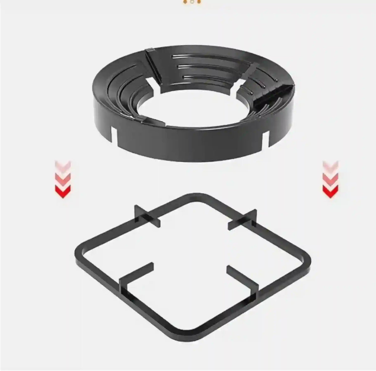 Two black metal stove burners on a white background