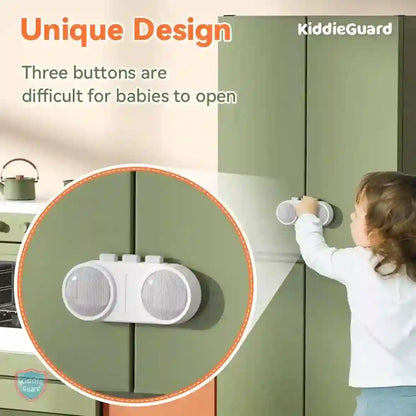 Child using a safety lock on a cabinet with 'KiddieGuard' branding and text about button design.