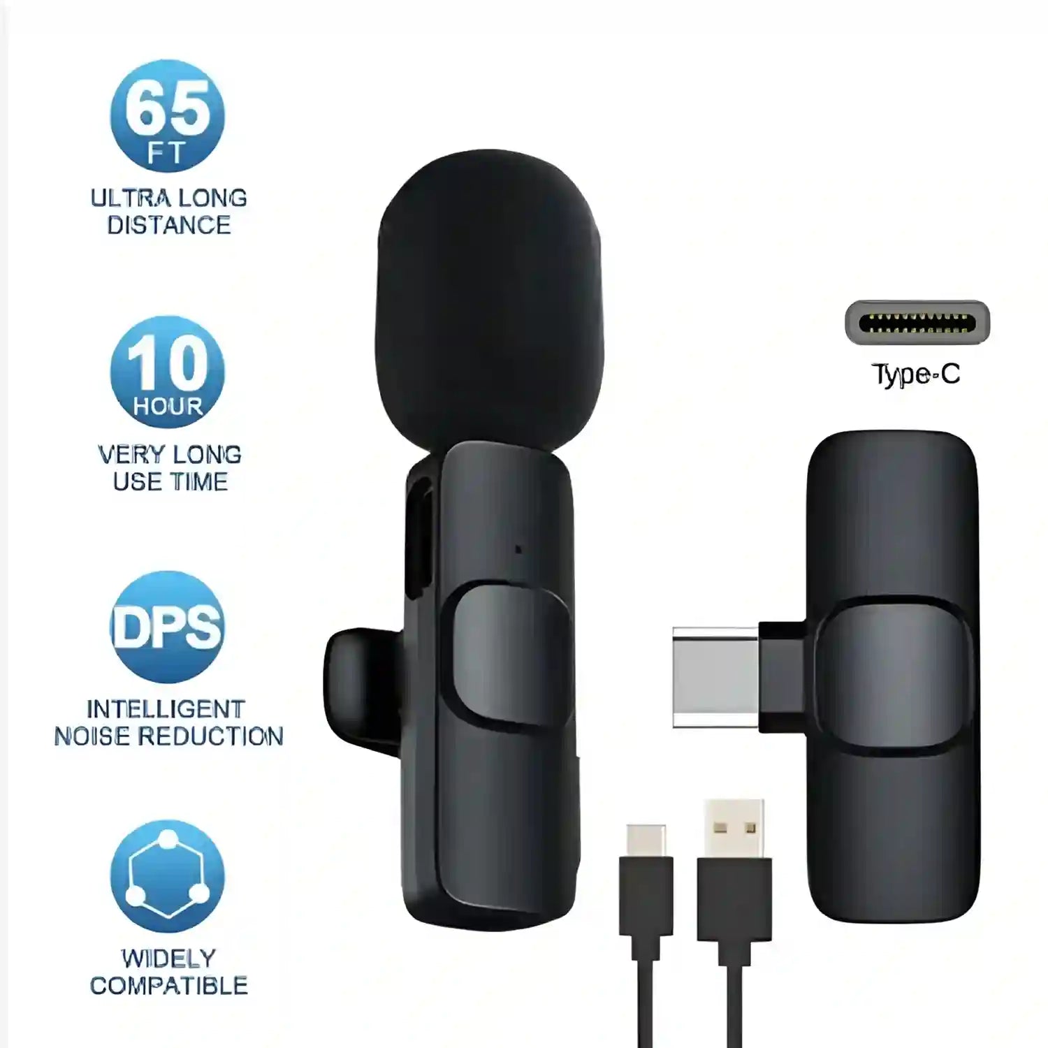Black lavalier microphone with USB cable on a white background, featuring text about features like ultra long distance and wide compatibility.