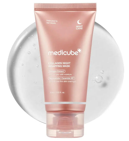Pink tube of Medicube Collagen Night Wrapping Mask on a white background