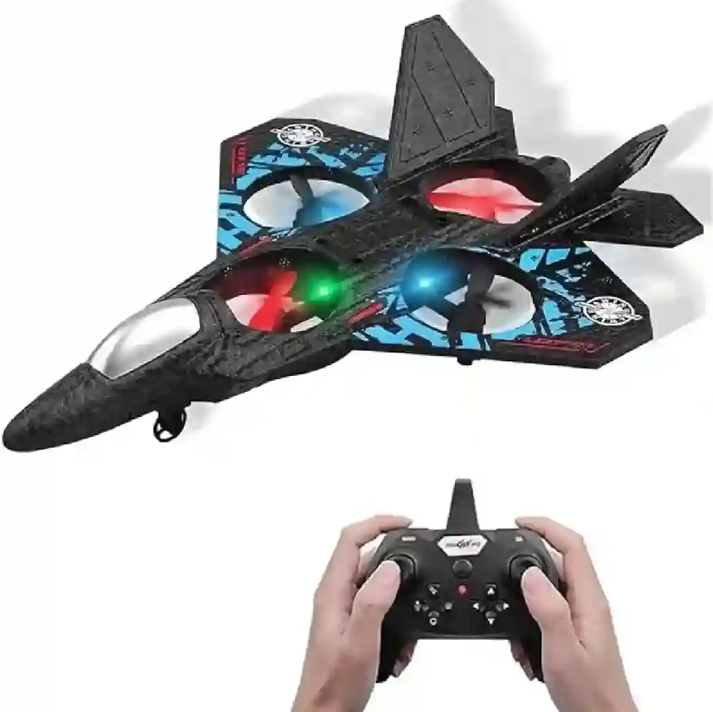 Toy jet with glowing lights and a remote control held by hands on a white background