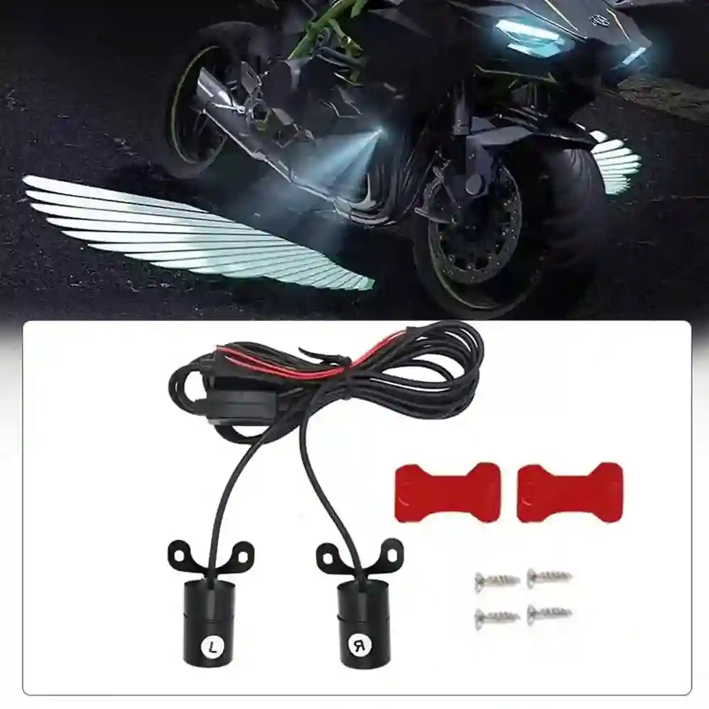 Motorcycle lights with wiring harness and mounting hardware on a white background