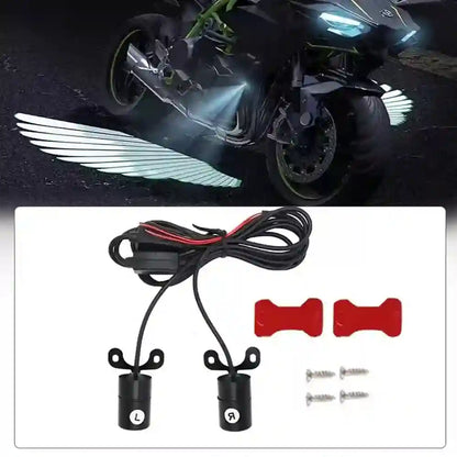 Motorcycle lights with wiring harness and mounting hardware on a white background