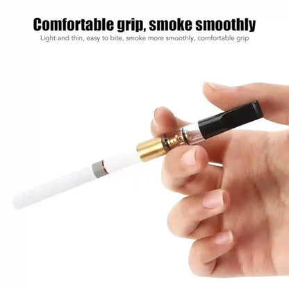 Hand holding a white and black vape device with text about comfort and smooth smoking.