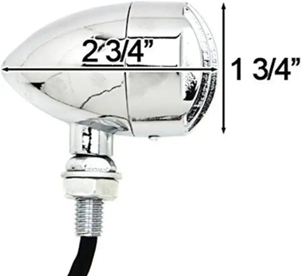 Chrome motorcycle light with dimensions indicated on a white background