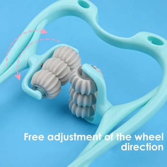 Blue and gray exercise device with free wheel adjustment on a blue background