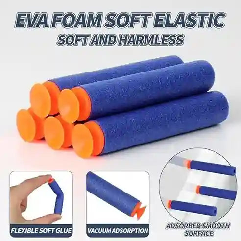 Blue and orange EVA foam darts with text highlighting properties on a white background