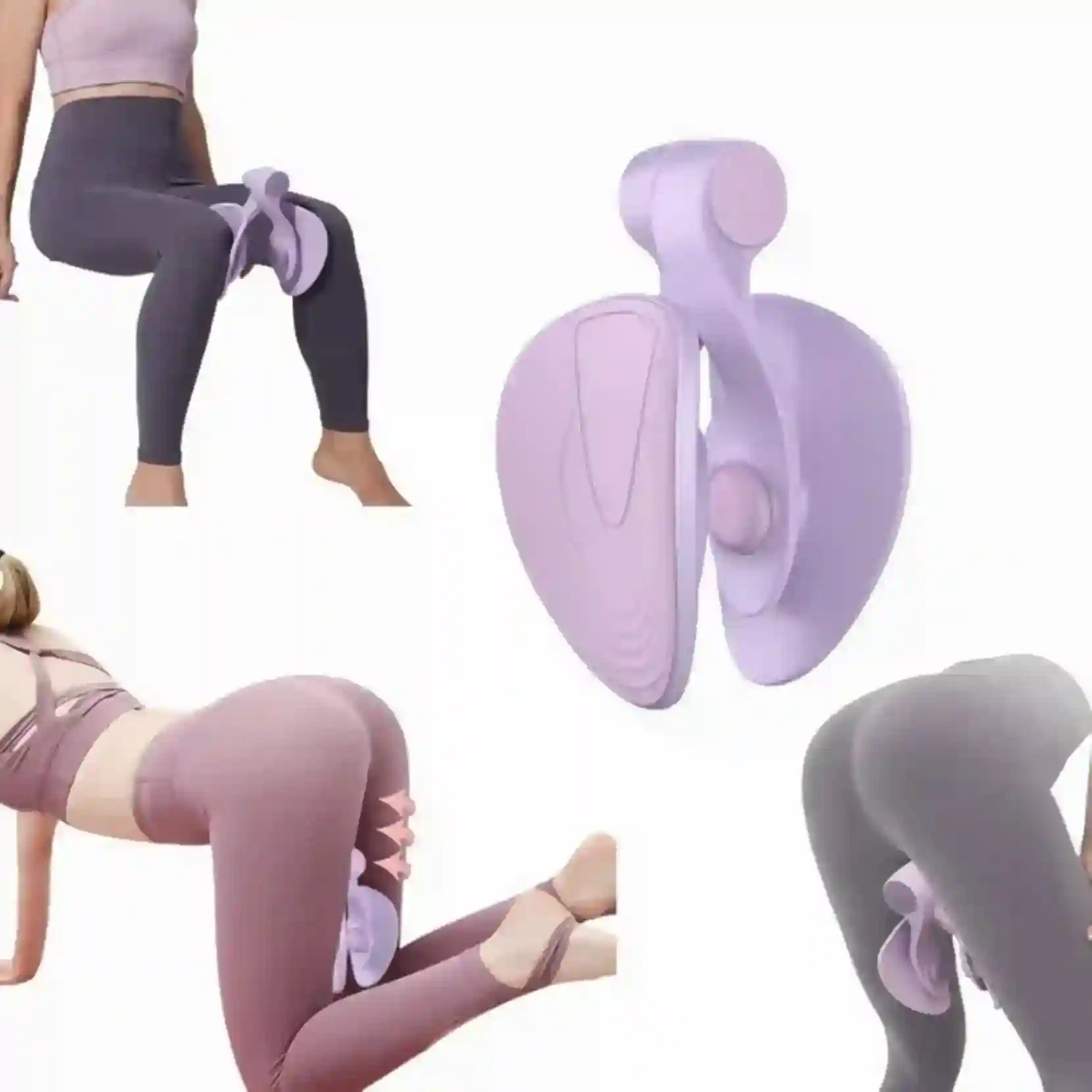 Purple exercise device with a person using it in various poses on a white background