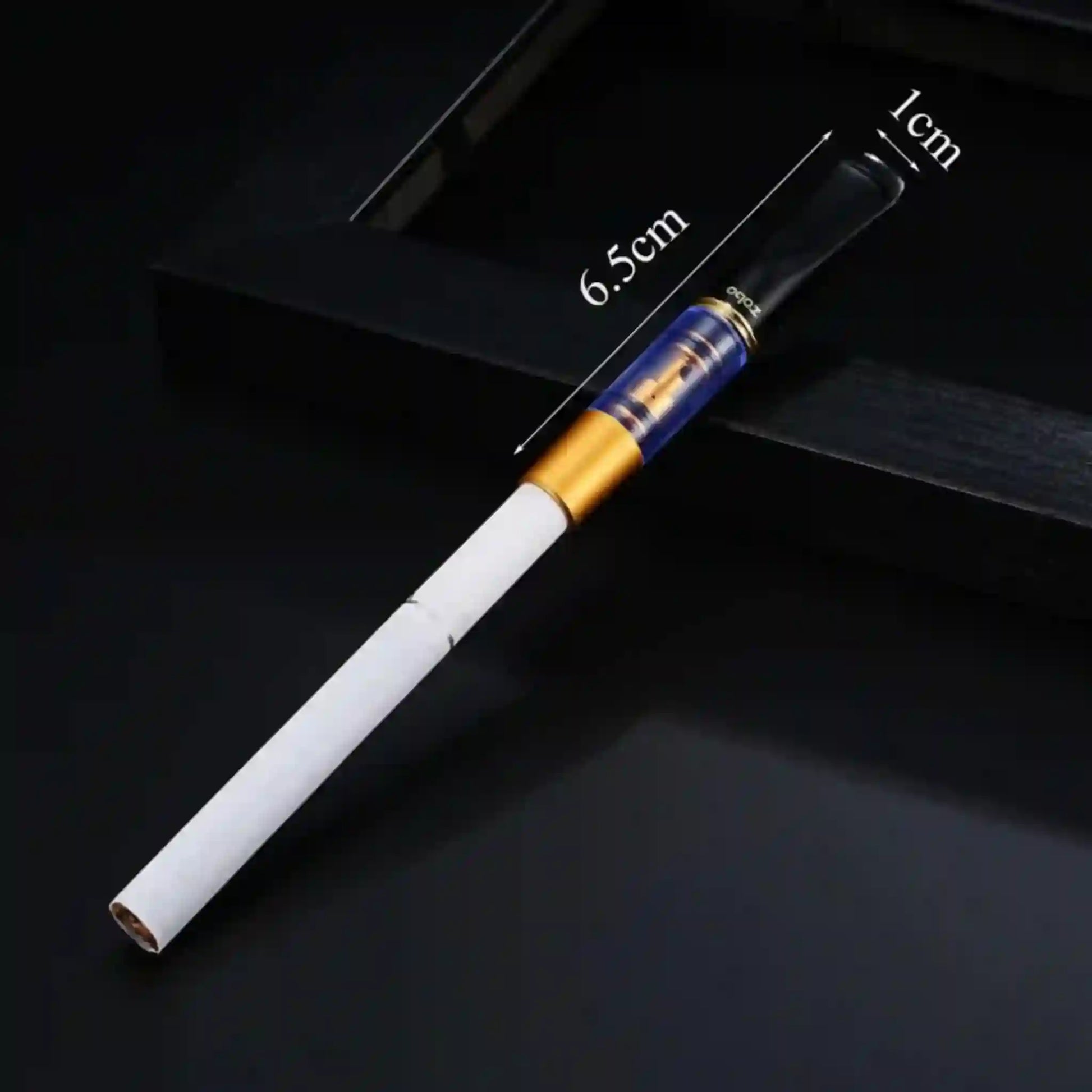 Cigarette with measurement labels on a black background