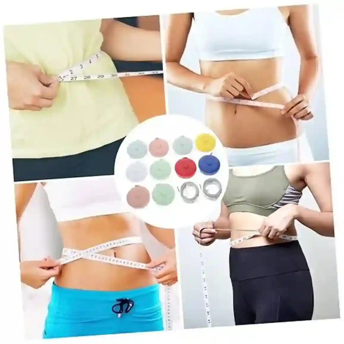 Collage of people measuring their waists with a tape measure, surrounded by color swatches.