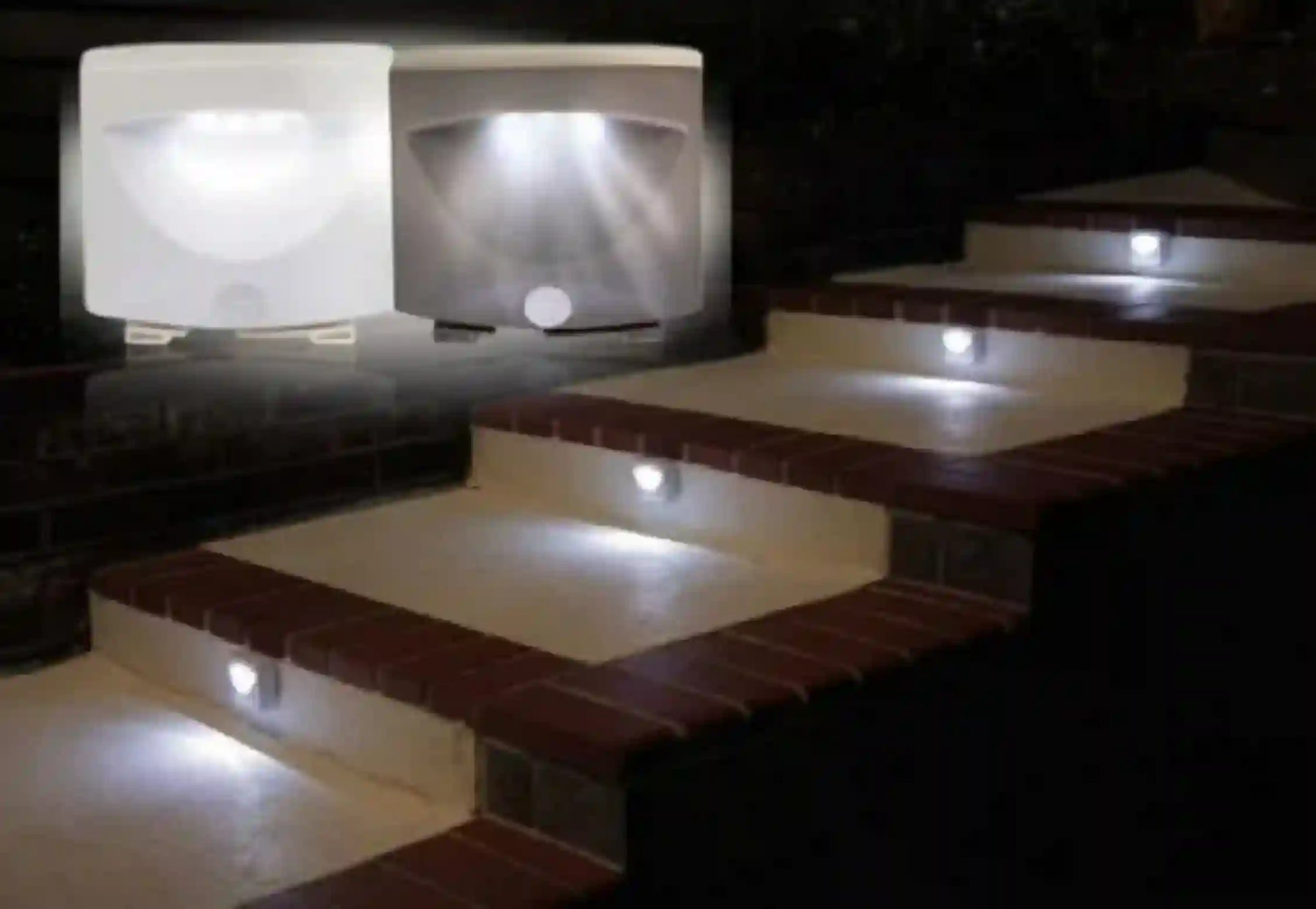 Outdoor steps illuminated by motion-sensor lights at night