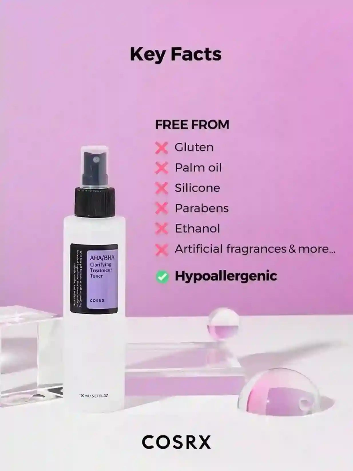 Cosrx skincare product with key facts on a pink background