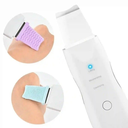 White electronic device with purple and blue attachments on skin, on a white background