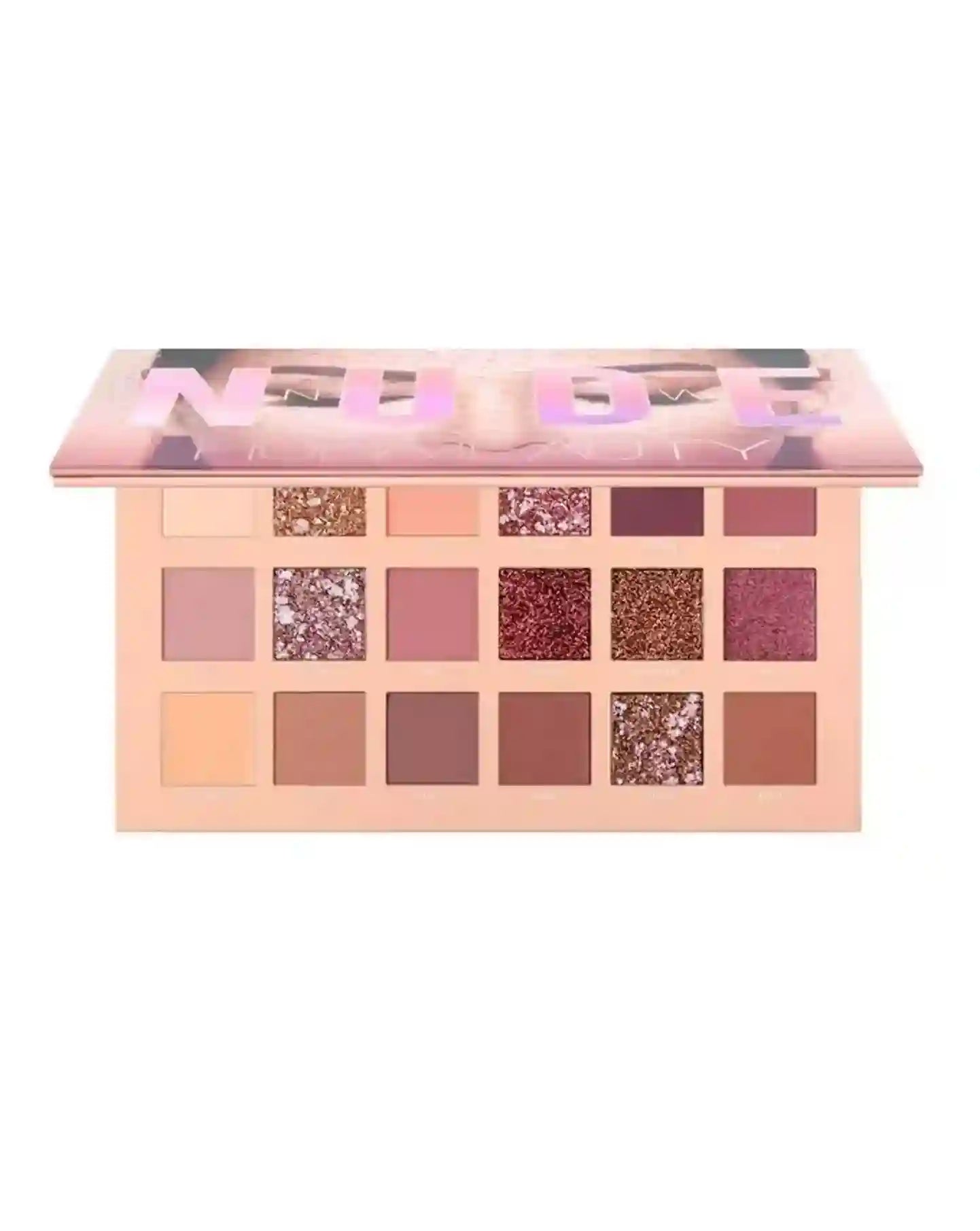 Makeup palette with various shades on a white background