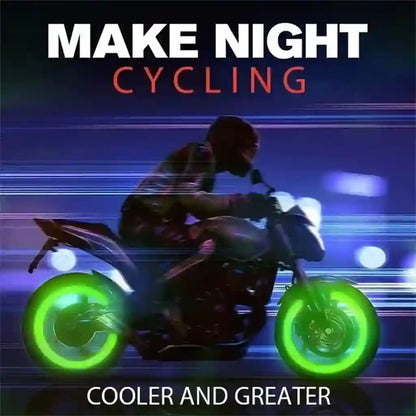 Person on a motorcycle with glowing green wheels against a dark background with text 'MAKE NIGHT CYCLING'.