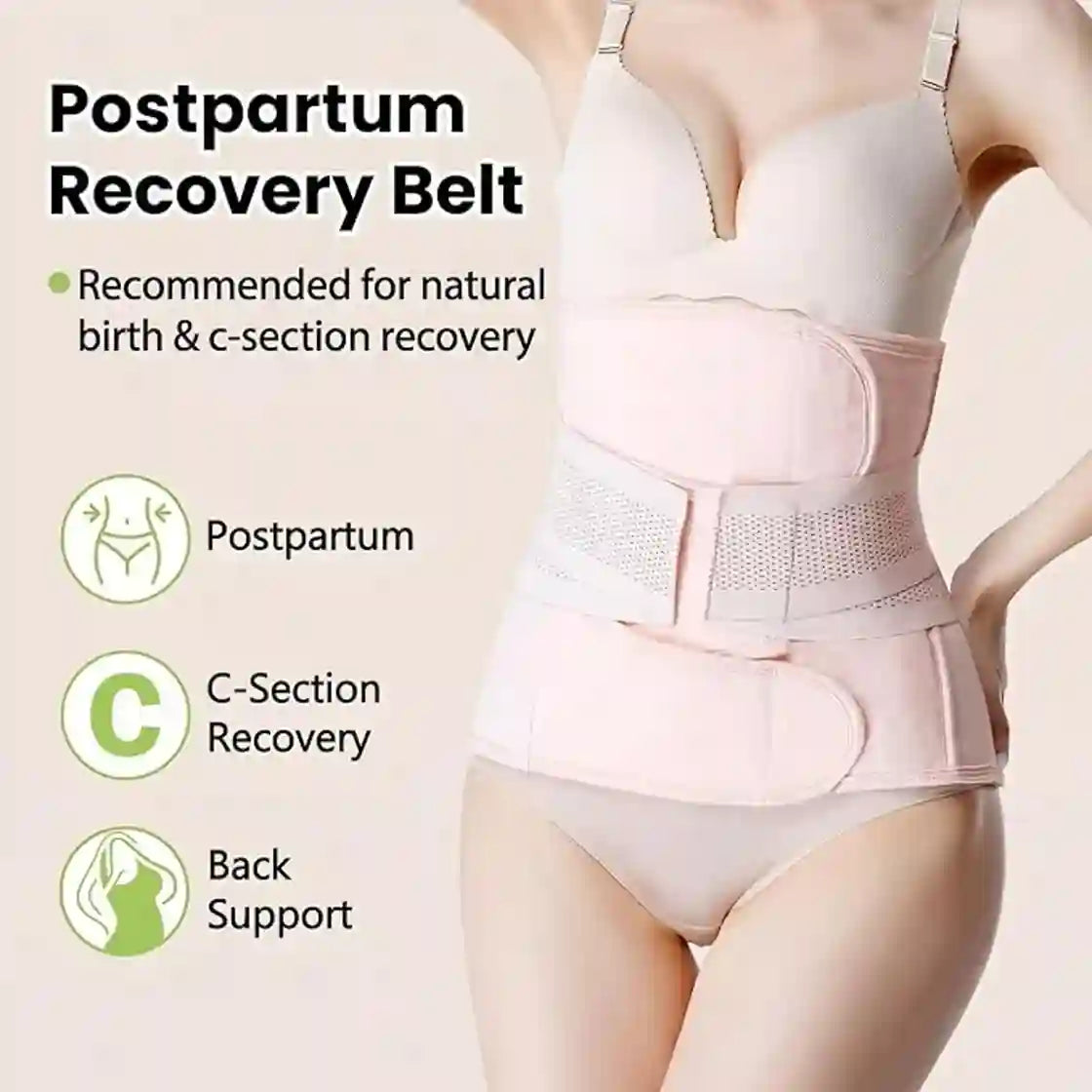 Postpartum recovery belt worn by a model with text on benefits on a beige background