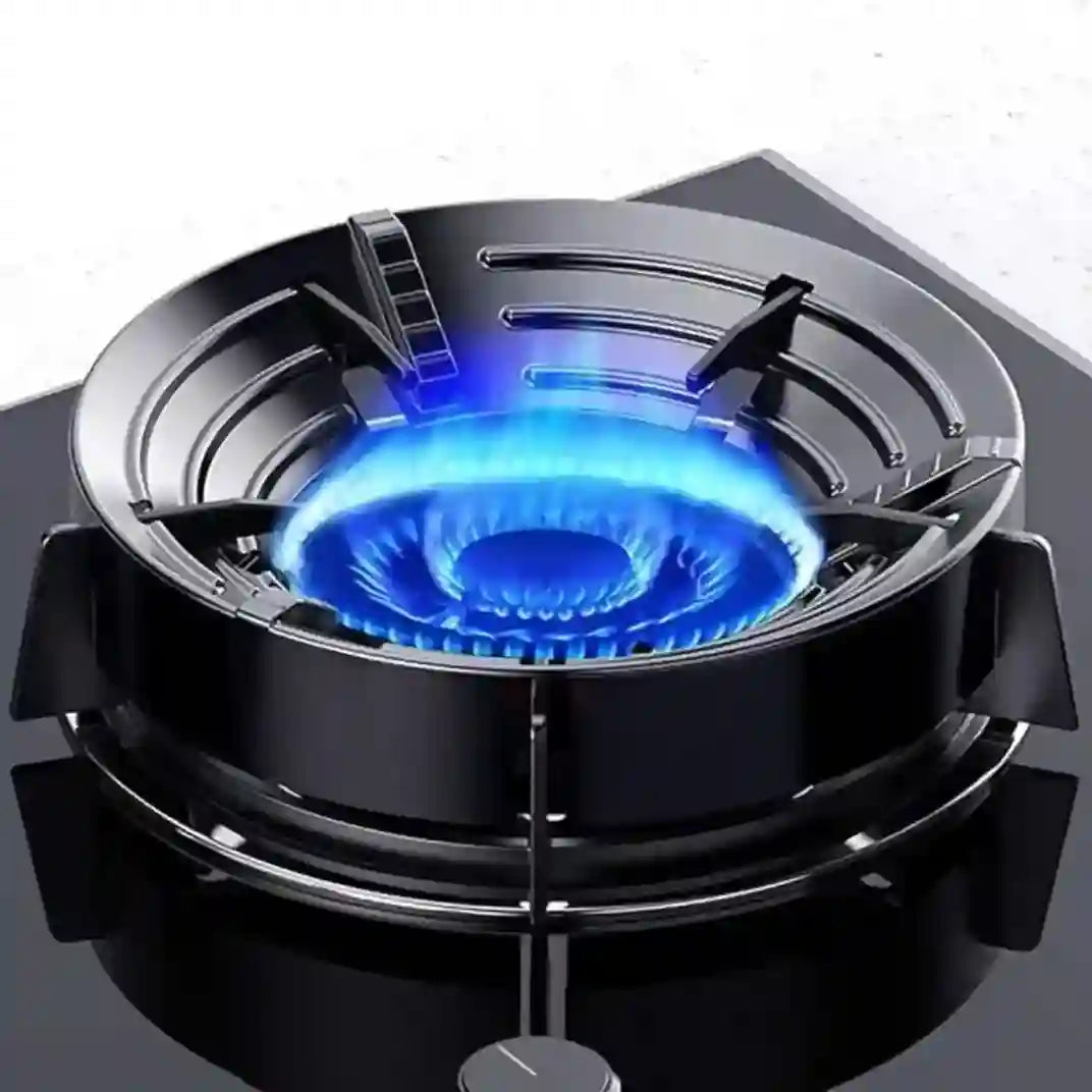 Gas stove burner with blue flame on a white background