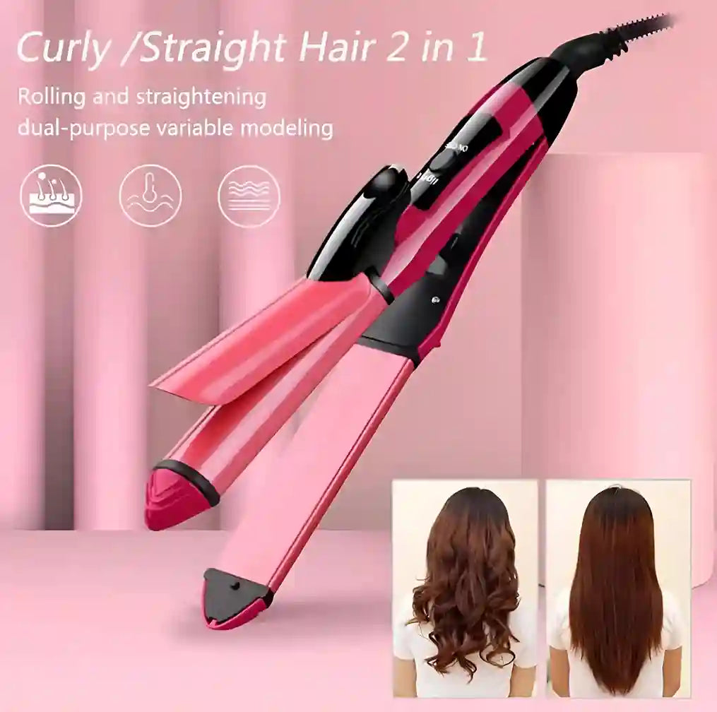 Pink and black hair straightener with curling function on a pink background