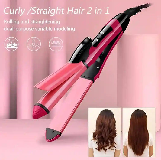 Pink and black hair straightener with curling function on a pink background