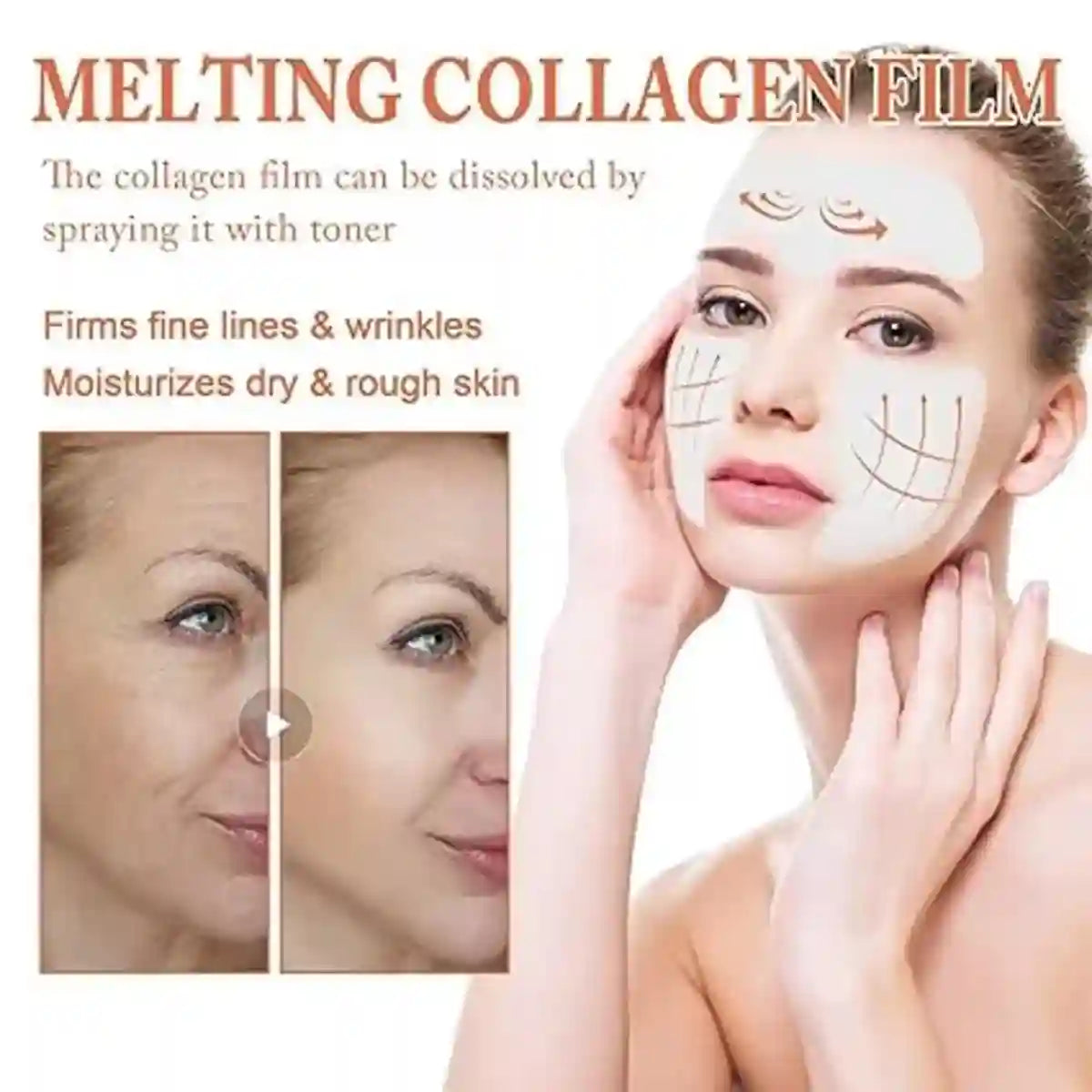 Woman applying a melting collagen film to her face with text describing its benefits.