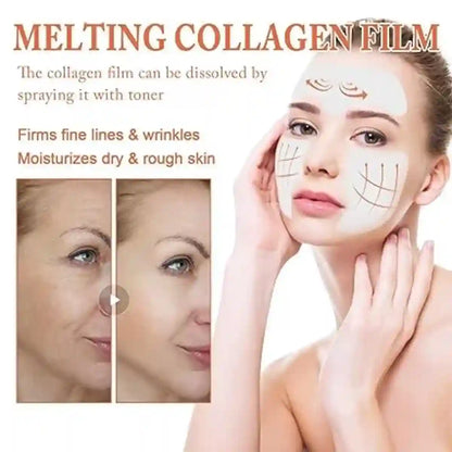 Woman applying a melting collagen film to her face with text describing its benefits.