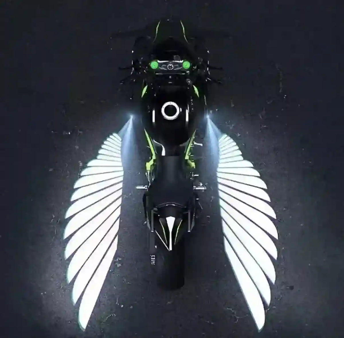 Top-down view of a futuristic motorcycle with glowing elements on a dark background
