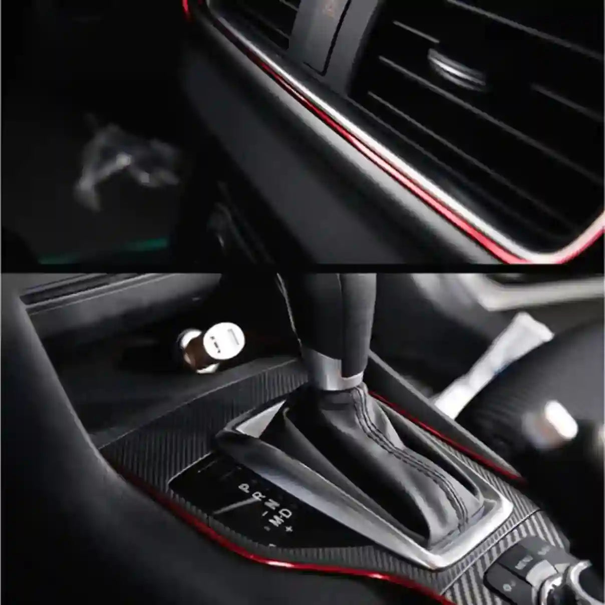 Car interior with air vent and gear shift area, featuring red accents.