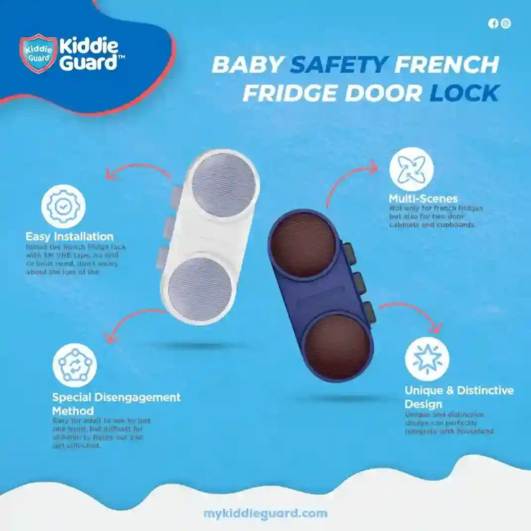 Kiddie Guard baby safety French fridge door lock on a blue background with product features listed.