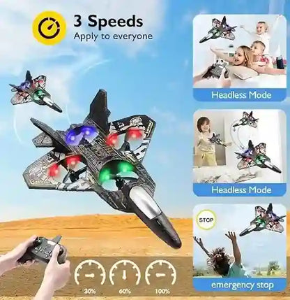 Toy airplane with remote control, showing features like '3 Speeds' and 'Headless Mode' on a blue sky background.