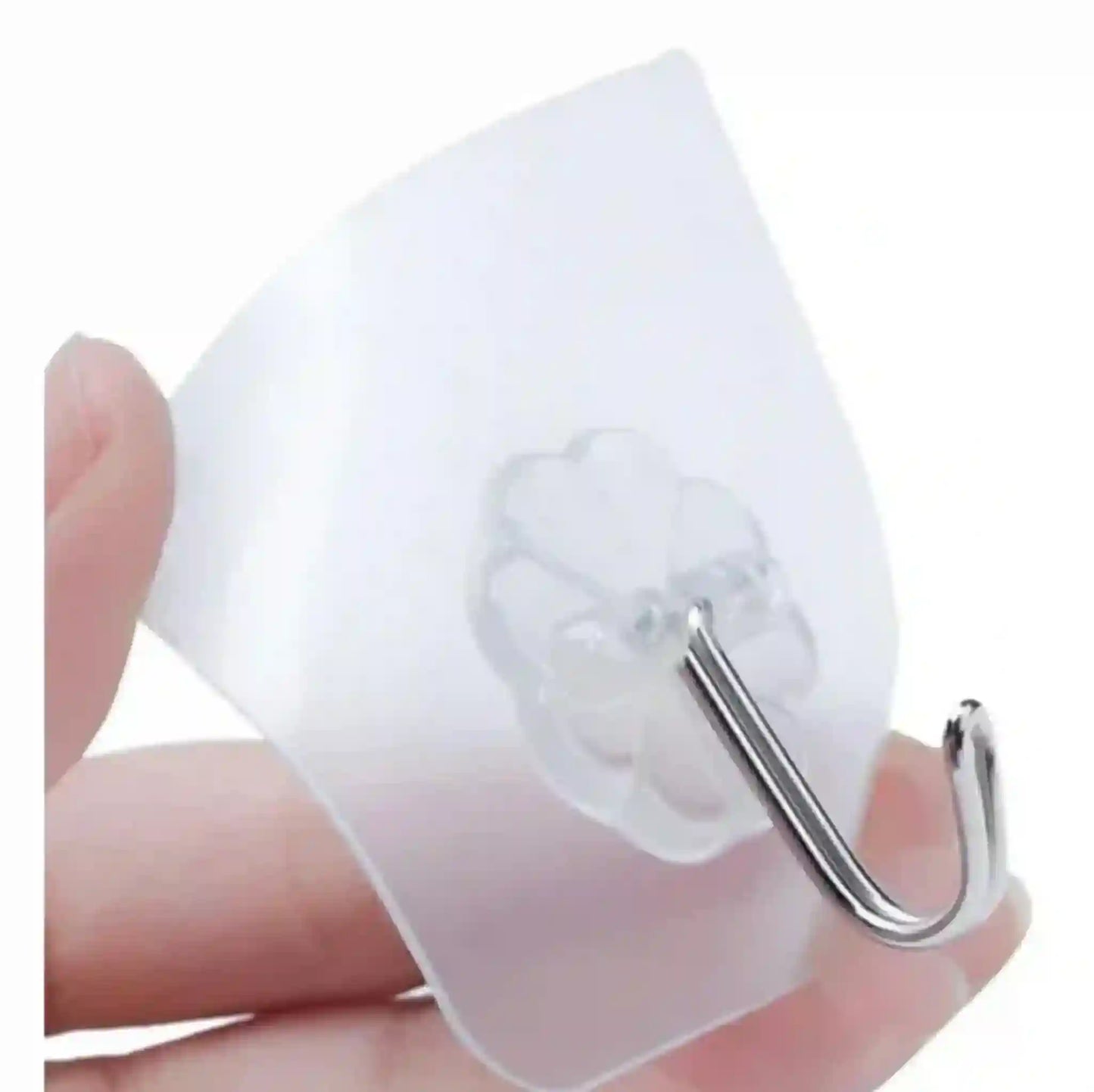 Clear plastic hook with a metal hook on a white background