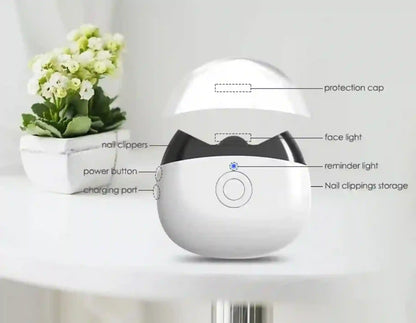 White grooming device with labeled parts on a light background