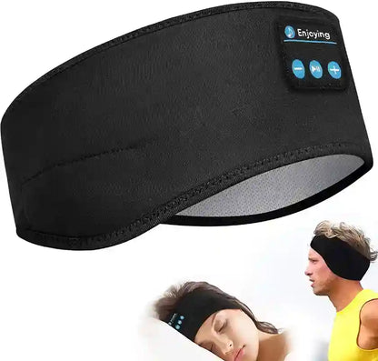 Black Bluetooth headband with control buttons on a white background