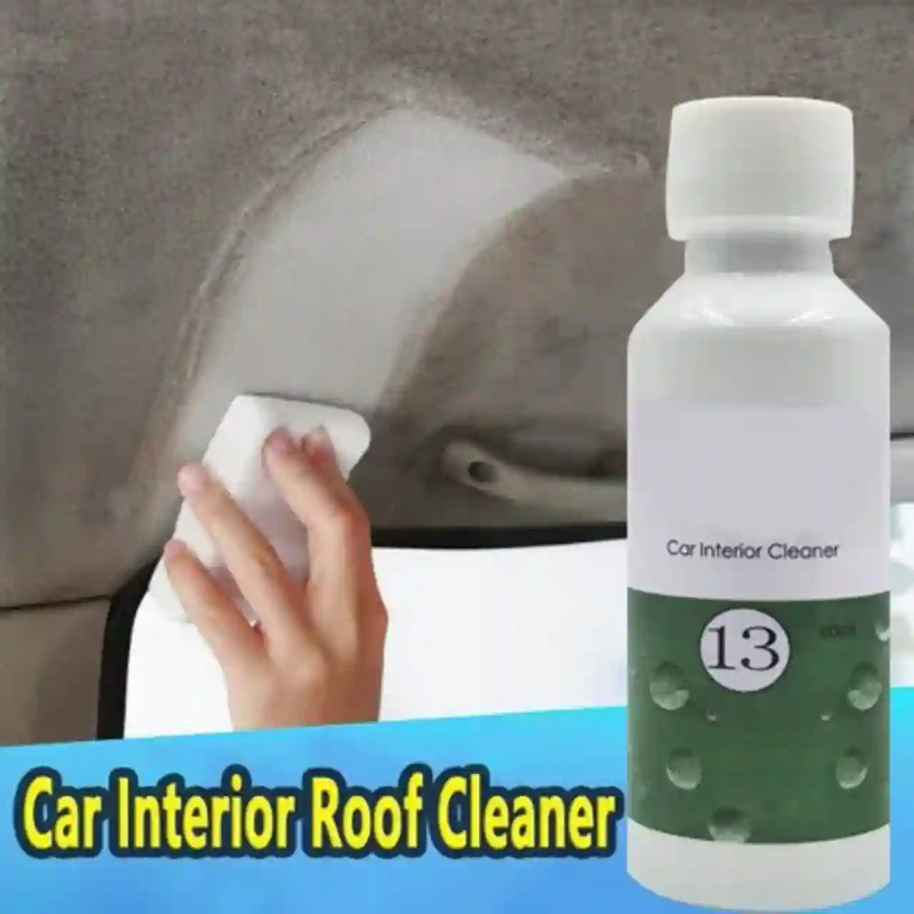 Car interior roof cleaner with a bottle and cleaning action on car interior.