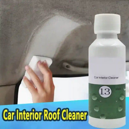 Car interior roof cleaner with a bottle and cleaning action on car interior.